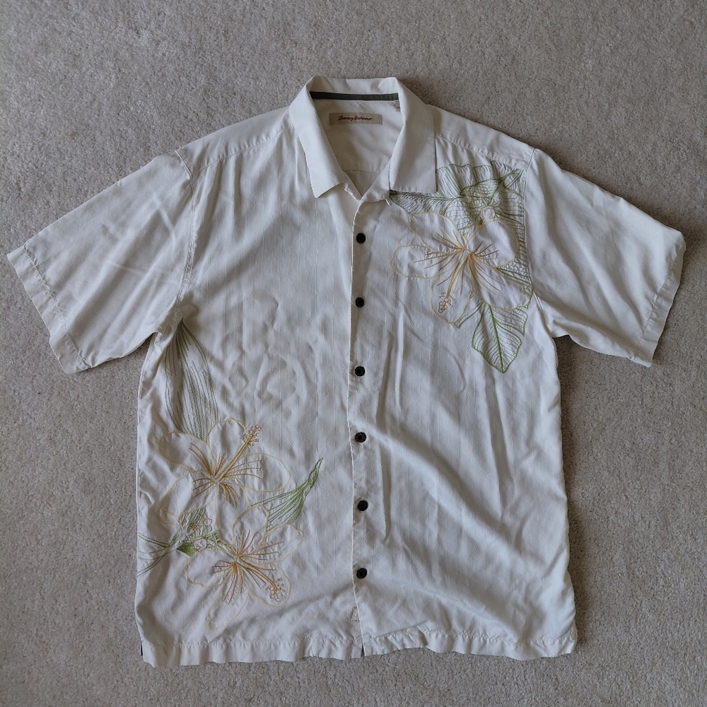 Tommy Bahama Cream Shirt with Green and Gold Floral Design, 100% Silk, Men's L
